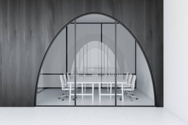 Beyaz ve koyu ahşap ofis lobi beyaz bir zemin, kemerli kapı ve uzun toplantı odası masa yanında ayakta beyaz sandalye ile. 3D render alay