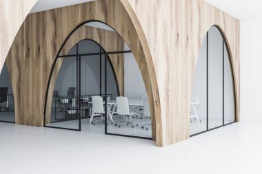 Beyaz ve ahşap ofis köşe beyaz bir zemin, kemerli kapı ve uzun toplantı odası masa yanında ayakta beyaz sandalye ile. 3D render alay