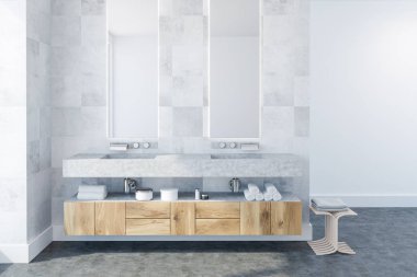 Beyaz çini lüks banyo iç bir beton zemin, bir ahşap Çift Kişilik gemi lavabo ve yukarıda asılı iki dar aynalar. 3D render alay