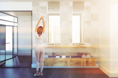 Kadın beyaz lüks banyo iç bir beton zemin, duş kabini, bir çift kişilik gemi lavabo ve iki aynalar. 3D render sahte tonlu görüntü