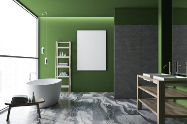 Loft yeşil duvar lüks banyo iç bir siyah mermer zemin, beyaz bir küvet, bir çift kişilik gemi lavabo ve dikey çerçeve poster sahte. 3D render