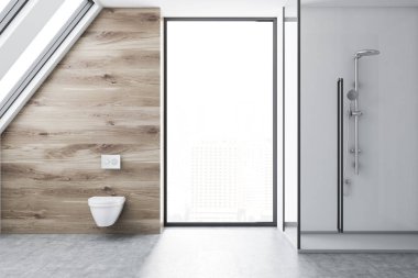 Beyaz banyo iç bir beton zemin, çatı penceresi ve beyaz duş kabini. Bir tuvalet. 3D render alay