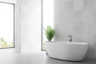 Ahşap döşeme banyo köşesi bir beton zemin ve bir saksı bitki ayakta beyaz bir küvet ile beyaz. Çatı penceresi. 3D render alay