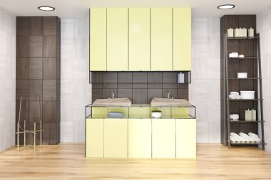 Beyaz ve siyah ahşap duvar banyo havlu ve şampuan yakınında için raflar ile sarı bir çift lavabo. 3D render alay