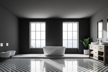 Damalı zemin, beyaz bir küvet ve çatı penceresi yakınındaki bir çift lavabo ile gri lüks banyo iç. 3D render alay