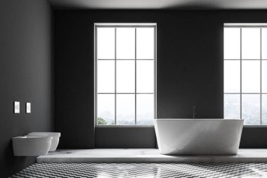 Damalı zemin, beyaz bir küvet ve tuvalet ile gri lüks banyo iç. Loft windows. 3D render alay