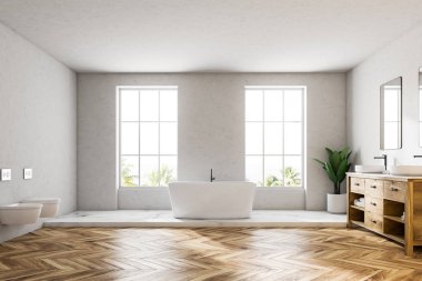 Beyaz lüks banyo iç ahşap zemin, beyaz bir küvet ve çatı penceresi yakınındaki bir çift lavabo. 3D render alay