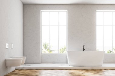 Beyaz lüks banyo iç ahşap zemin, beyaz bir küvet ve tuvalet. Loft windows. 3D render alay