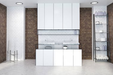 Çift lavabo ayakta beyaz ve tuğla banyoda beyaz mutfak tezgahı üzerinde iç. Rafları köşesinde. 3D render alay