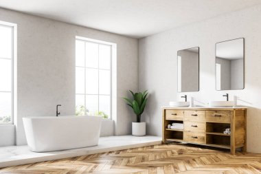 Loft beyaz duvar lüks banyo köşe bir ahşap zemin, beyaz bir küvet ve Çift Kişilik gemi batmak. 3D render alay