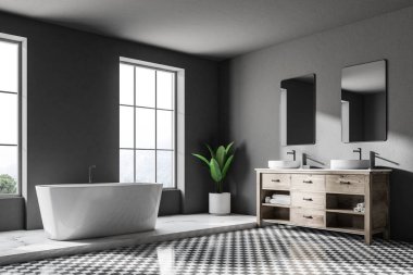 Çatı katı gri duvar lüks banyo köşe damalı zemin, beyaz bir küvet ve Çift Kişilik gemi batmak. 3D render alay