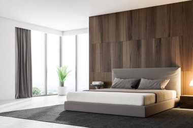 Koyu ahşap duvarlar, gri bir karyola ve bir masanın üzerinde duran bir lamba ile yatak odası köşe. 3D render alay