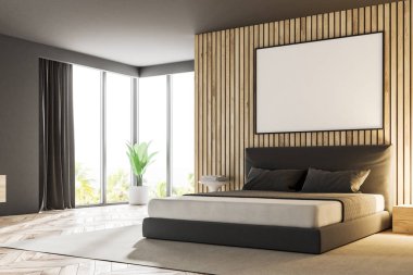 Ahşap duvarlar, gri bir karyola ve bir masanın üzerinde duran bir lamba ile yatak odası köşe. Duvardaki yatay poster çerçevesi. 3D render alay