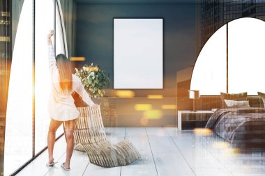 Gri ve ahşap duvarlar, gri bir karyola ve kemerli pencere duran bir şezlong ile bir yatak odası iç kadında. Dikey poster çerçevesi. 3D render sahte kadar çift tonlu görüntü pozlaması