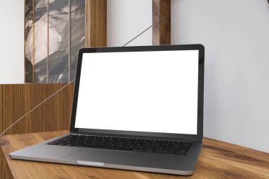 Dizüstü ekran beyaz ve ahşap duvarları olan bir oda bir ev ofis ahşap bir masa üzerinde duran sahte. Serbest ve pazarlama kavramı. 3D render