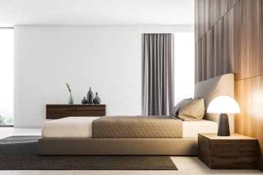 Beyaz duvarları, gri bir karyola ve bir masanın üzerinde duran bir lamba ile yatak odası iç. Vazo ile bir dolap. 3D render alay