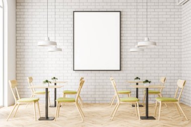 Beyaz tuğla duvarlar, ahşap zemin ve ahşap masa sandalye ile minimalist Restoran iç. Boş dikey poster çerçevesi. 3D render alay