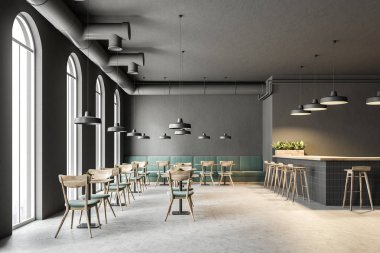 Sanayi tarzı kafe iç ile koyu gri duvarlar, beton zemin, kemerli pencereler ve ahşap masa sandalye ile. Yeşil kanepe. 3D render alay