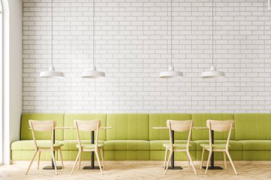 Sanayi tarzı kafe iç beyaz tuğla duvarlar, ahşap zemin ve ahşap masa sandalye ve yeşil kanepe ile. 3D render alay