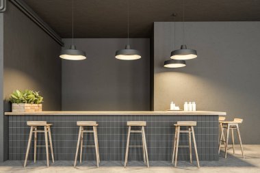 Sanayi tarzı pub iç ile koyu gri duvarlar, beton zemin, kemerli pencereler ve ahşap masa sandalye ile. Yeşil kanepe. 3D render alay