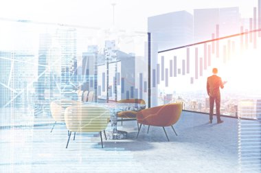 Dikiz bir modern ofis bekleme odasında duran bir işadamı. Panoramik pencerelere. Grafikleri ön planda. 3D render sahte kadar çift tonlu görüntü pozlaması