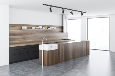 Ahşap mutfak ada ayakta beyaz ve ahşap mutfak ile bir beton zemin ve tavan pencere eşiği. 3D render