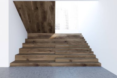 ' Bir beyaz duvar salonunda bir lüks ev ya da ofis ahşap merdiven beton zemin ve bir cityscape iç. Bina tasarım konsepti. 3D render alay