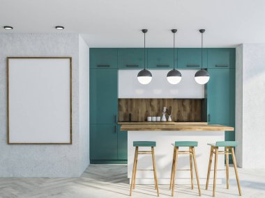 Bir beton zemin ve yeşil dışkı olan ahşap çubuk ile beyaz, yeşil ve ahşap mutfak iç. Dikey poster 3d render alay