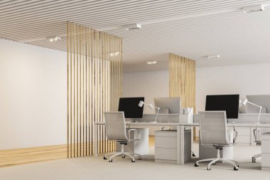 Beyaz ve ahşap planı ofis iç beyaz bir zemin, çatı windows ve bilgisayar tabloları satırları ile açın. Yan görünümü. 3D render alay