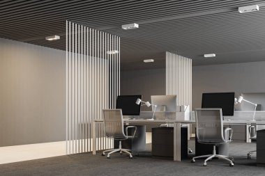 Beyaz ve gri planı ofis iç gri zemin, çatı windows ve bilgisayar tabloları satırları ile açın. Yan görünümü. 3D render alay