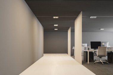 White and gray open plan office interior with a gray floor, loft windows and rows of computer tables. Front view. 3d rendering mock up clipart
