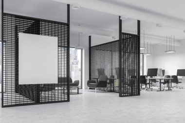 Siyah bir kanepe ve koltuklar yakınındaki bir beton zemin üzerinde bir sehpa duran ile çatı windows ofis bekleme odası iç. Dikey bir poster. Beyaz duvarlar. 3D render alay