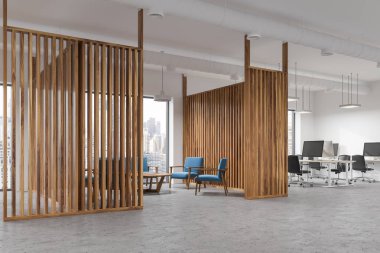 İç ahşap duvarlar, panoramik pencerelere, bir masa ve bir mavi bir ofiste bir bekleme odası, koltuk ve kanepe. 3D render alay