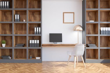 Bir ev ofis iç beyaz duvarlı, küçük bir kare poster ve kütüphaneler bir bilgisayar tabloyla iç. 3D render alay