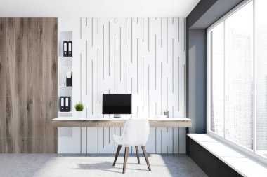 Ahşap ve beyaz duvar, beton zemin ev ofis iç panoramik pencereli, bilgisayar ve bir sandalye ile beyaz bir serbest tablo. 3D render alay
