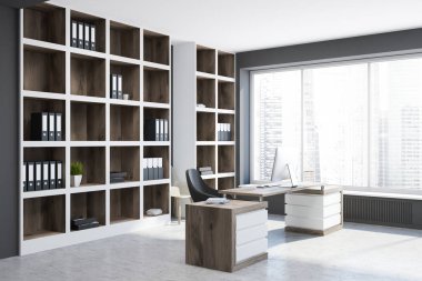 Şık Yöneticisi office iç panoramik pencerelere, beton zemin, büyük bir tablo ve kütüphaneler. 3D render alay