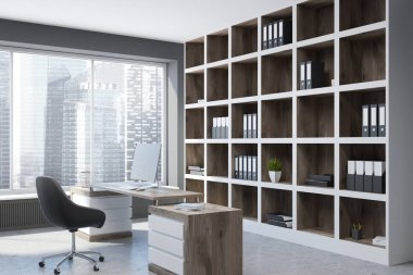 Şık Yöneticisi office iç panoramik pencerelere, beton zemin, büyük bir tablo ve kütüphaneler. Yan görünümü. 3D render alay