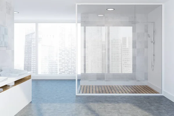 White Tile Luxury Bathroom Interior Concrete Floor Double Vessel Sink — Stock Photo, Image