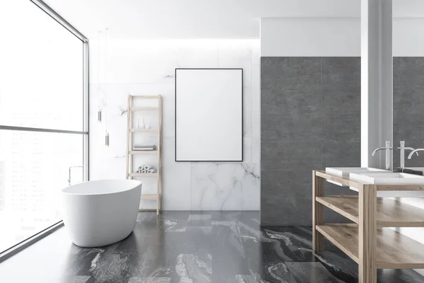 Loft white marble luxury bathroom interior with a black marble floor, a white bathtub, a double vessel sink and a vertical frame mock up poster. 3d rendering