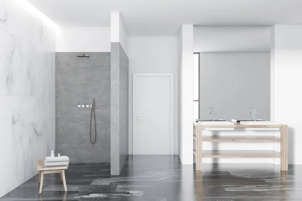 Loft white marble and white luxury bathroom interior with a black marble floor, a shower stall, a double vessel sink and a large mirror. 3d rendering mock up