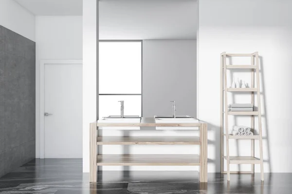 Loft white marble and white luxury bathroom interior with a black marble floor, a shower stall, a double vessel sink and a large mirror. Shelves with towels. 3d rendering mock up