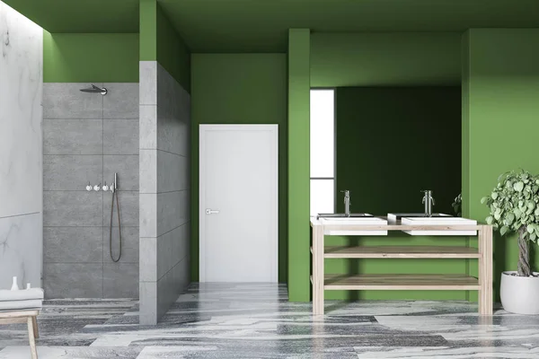 Loft Zielony Luksusowe Wnętrza Łazienka Czarnej Marmurowej Podłodze Kabina Prysznicowa — Zdjęcie stockowe