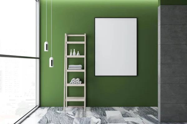 Empty bathroom interior with green walls, loft windows, a gray marble floor, shelves with towels and a vertical poster frame on the wall. 3d rendering mock up