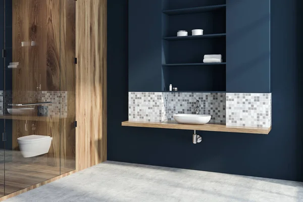 Esquina Baño Lujo Azul Oscuro Mosaico Con Suelo Hormigón Lavabo —  Fotos de Stock