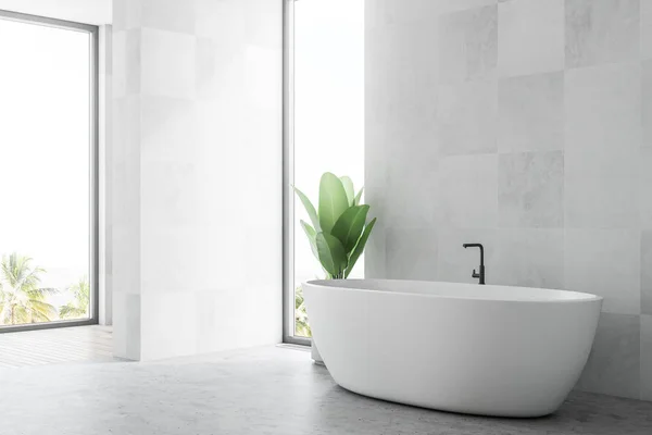 Canto Banheiro Azulejo Madeira Branca Com Piso Concreto Uma Banheira — Fotografia de Stock