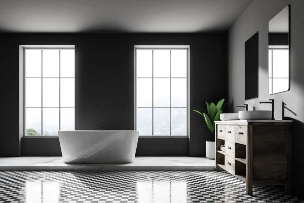 Interno Grigio Bagno Lusso Con Pavimento Scacchi Una Vasca Bianca — Foto Stock