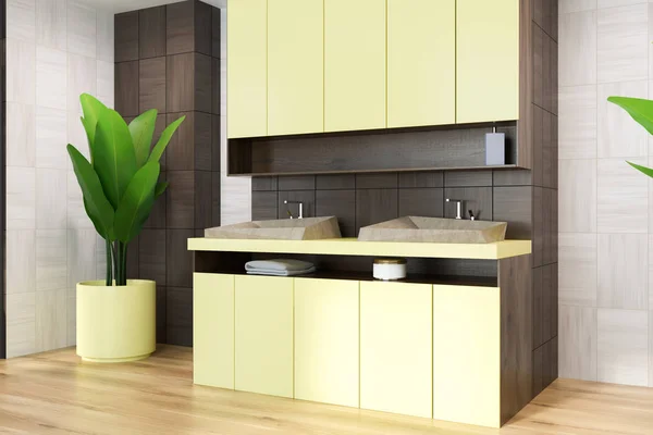 White Black Wooden Wall Bathroom Corner Yellow Double Sink Two — Stock Photo, Image