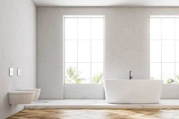 Biały Luksusowe Wnętrze Łazienka Drewnianą Podłogą Białą Wanną Toaletą Wyciągnięcie — Zdjęcie stockowe