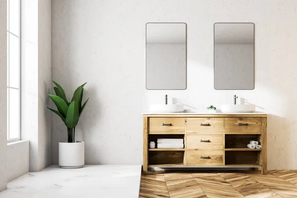 White Luxury Bathroom Interior Wooden Floor Double Sink Loft Window — Stock Photo, Image