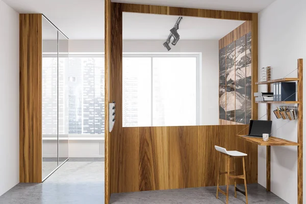 白と木製の壁 パノラマの窓 コンクリートの床のコンピューター テーブルとホーム オフィスのインテリア レンダリングをモックアップします — ストック写真